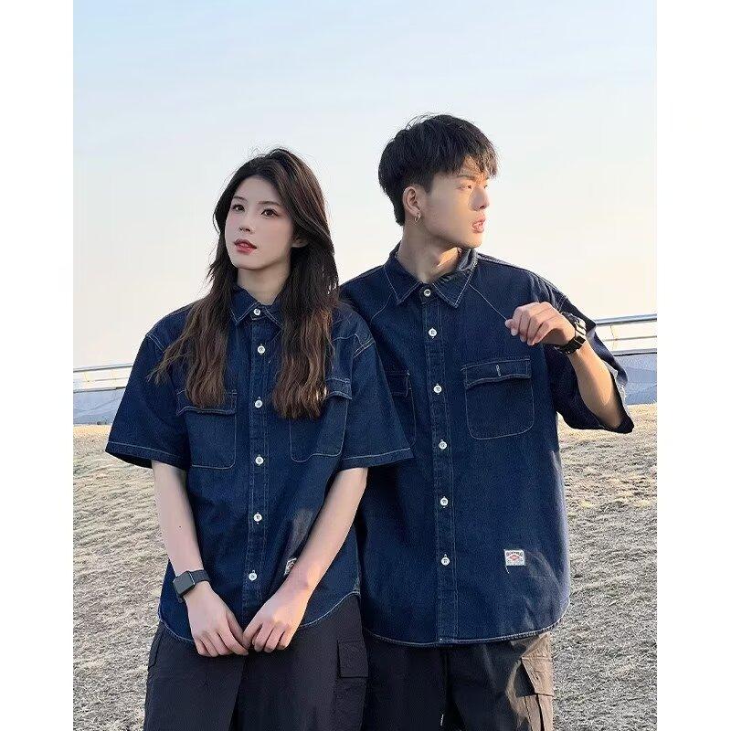 Японский ретро модный бренд летняя свободная джинсовая рубашка с короткими рукавами художественная молодежная рабочая рубашка мужская и женская многослойная куртка