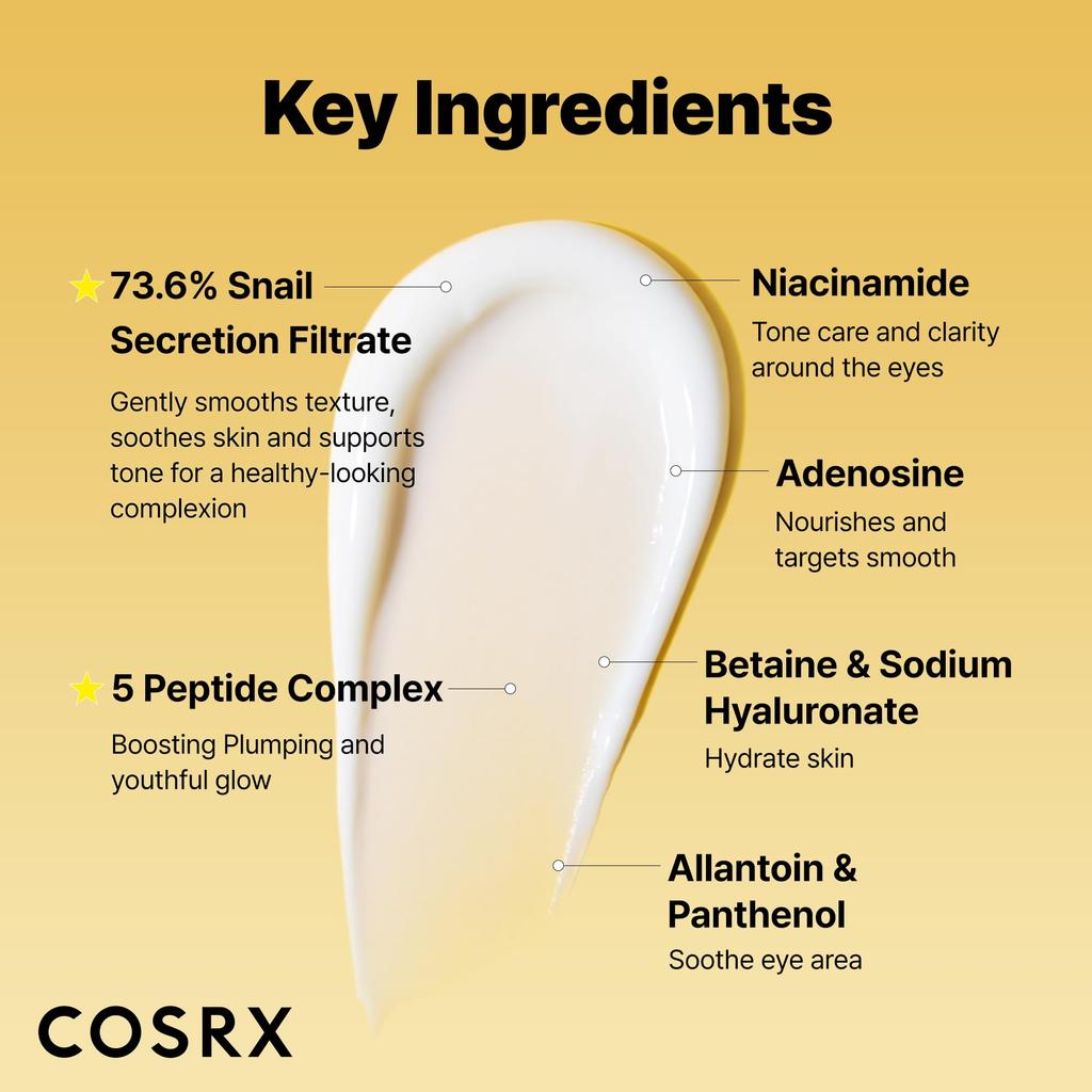 COSRX Snail Peptide Eye a formula containing snail mucus moisturizes and hydrates the reduces and contains 5 ppm and suitable for dry skin and all
