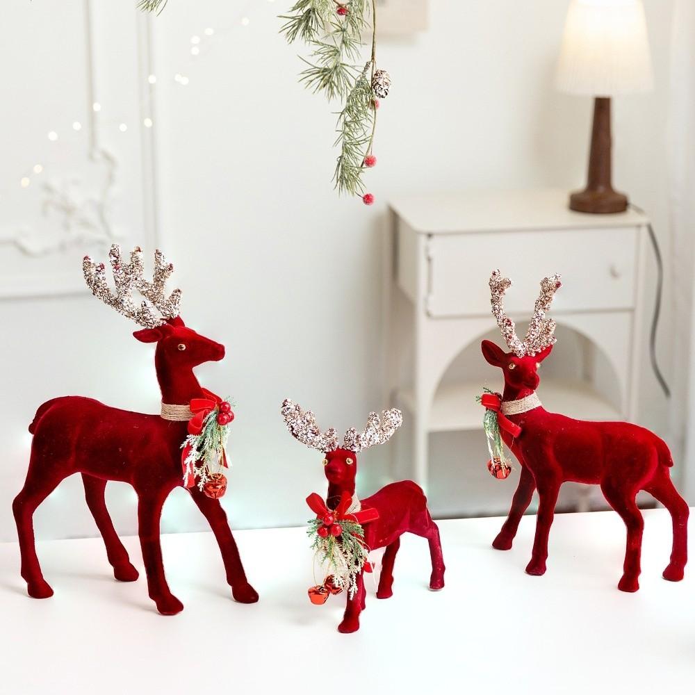 Shiny Antlers Christmas Elk Figurine Flocking Texture Glitter Bowknot Deer Gift
