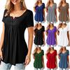 Womens O Neck Button Loose Elastic Tops Ladies Short Sleeve Tunic Shirts Female Casual Blouses