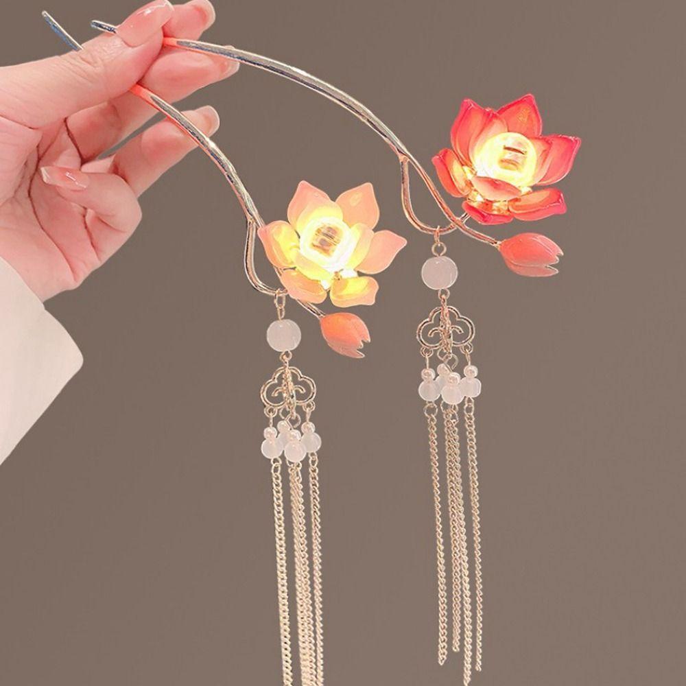 Zinc Zinc Alloy Lantern Hairpin Flower LED Light Hair Fork Exquisite Lotus Tassel Hair Stick Cheongsam