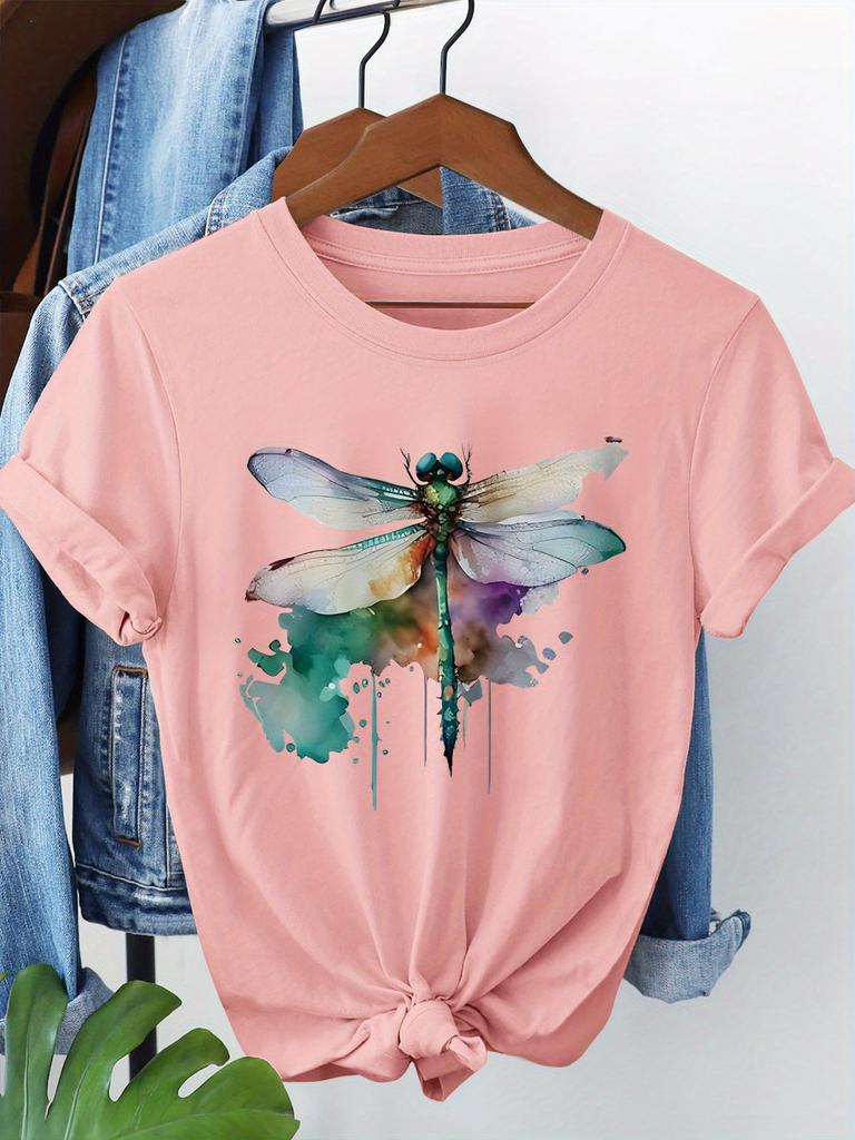 Women's Casual Short Sleeve Crew Neck T-Shirt Watercolor Dragonfly Ink Splatter Graphic Print White with Green Purple Art Trendy