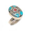 Кольцо из натуральной тибетской бирюзы и коралла из стерлингового серебра 925 пробы, размер регулируемый W9C55