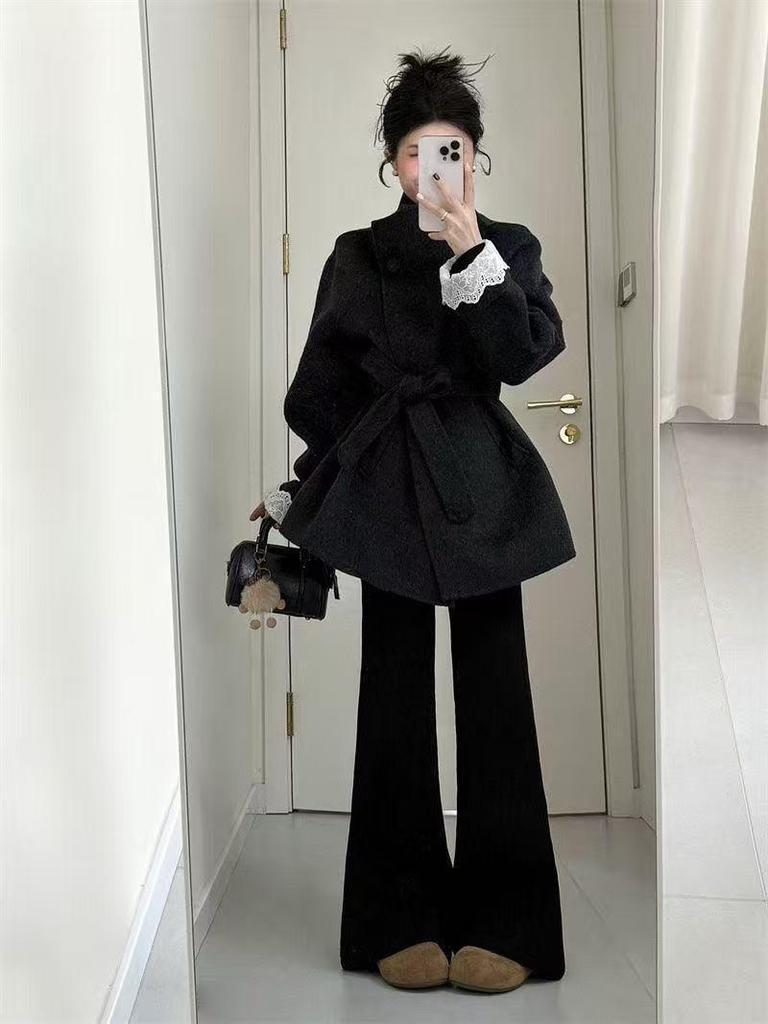 Зима 2025 Маленький Глубокий Серый Шерстяной Пальто - Женская Утолщенная, Стильная Верхняя Одежда