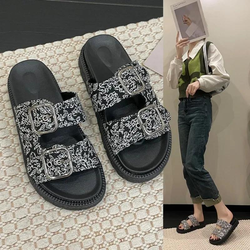 2024 Стразы Кристалл Пряжка Тапочки Женские Фирменный Дизайн Кристалл Двойные Шлепанцы Женские Платформы Слайды Сандалии Большой Размер 42