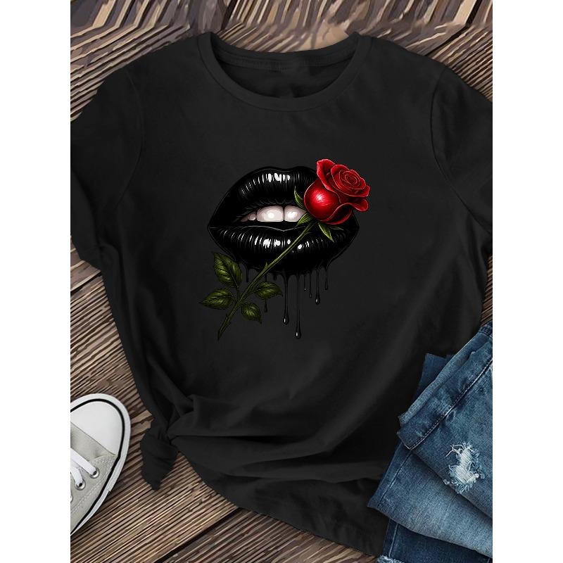 Retro Women'S Short-Sleeve Black Elegant Lip Print and Rose Pattern, Stylish Printed T-Shirt, Comfortable and Breathable, Crew Neck,Everyday Versatile