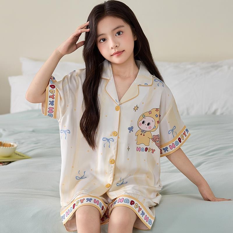 Girls Ice Silk Pajama Set Short Sleeve Cartoon Print Sleepwear 8-14 Years Old Kids