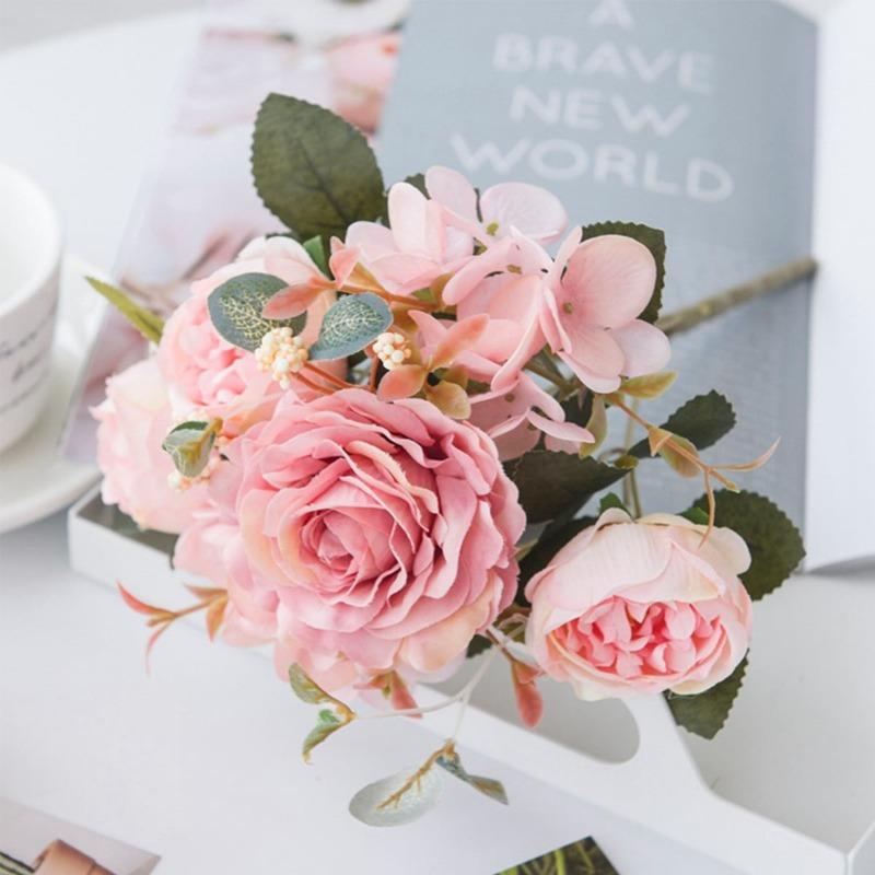 2 пучка искусственных цветов пиона, ретро шелковая роза, гортензия, винтажный свадебный букет, домашнее свадебное украшение, искусственный цветок