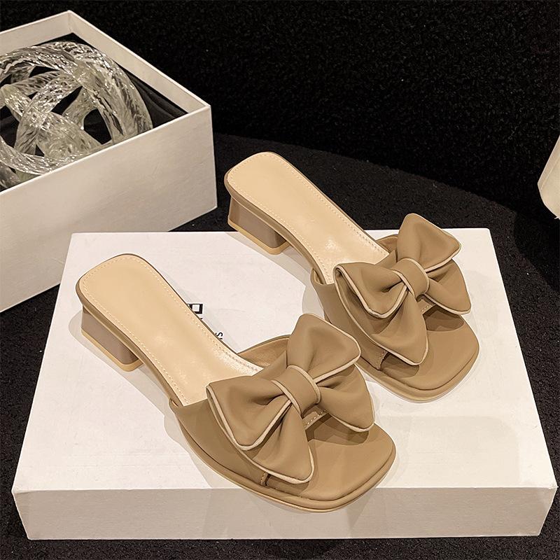2025 Spring and Summer Women's French Sandals Fashion Trend Thick Heel Half Drag Bow One Word Drag Outer Wear Square Head