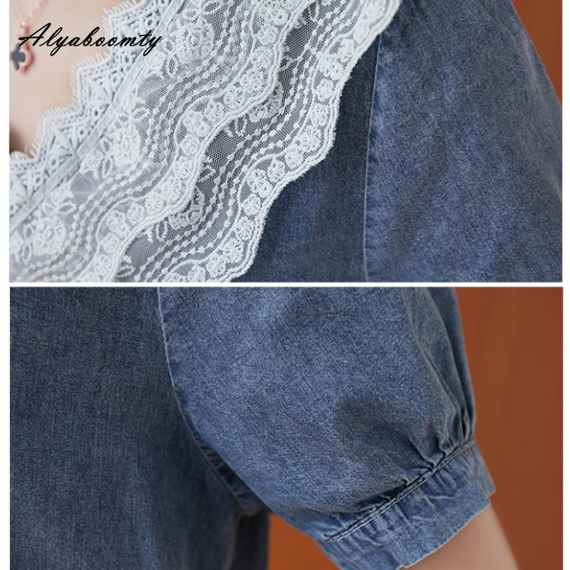Korean Style Summer Women Blue Denim Dress V Neck Lace Patchwork Casual Loose Dress Short Sleeve Thin Blue Denim Dresses