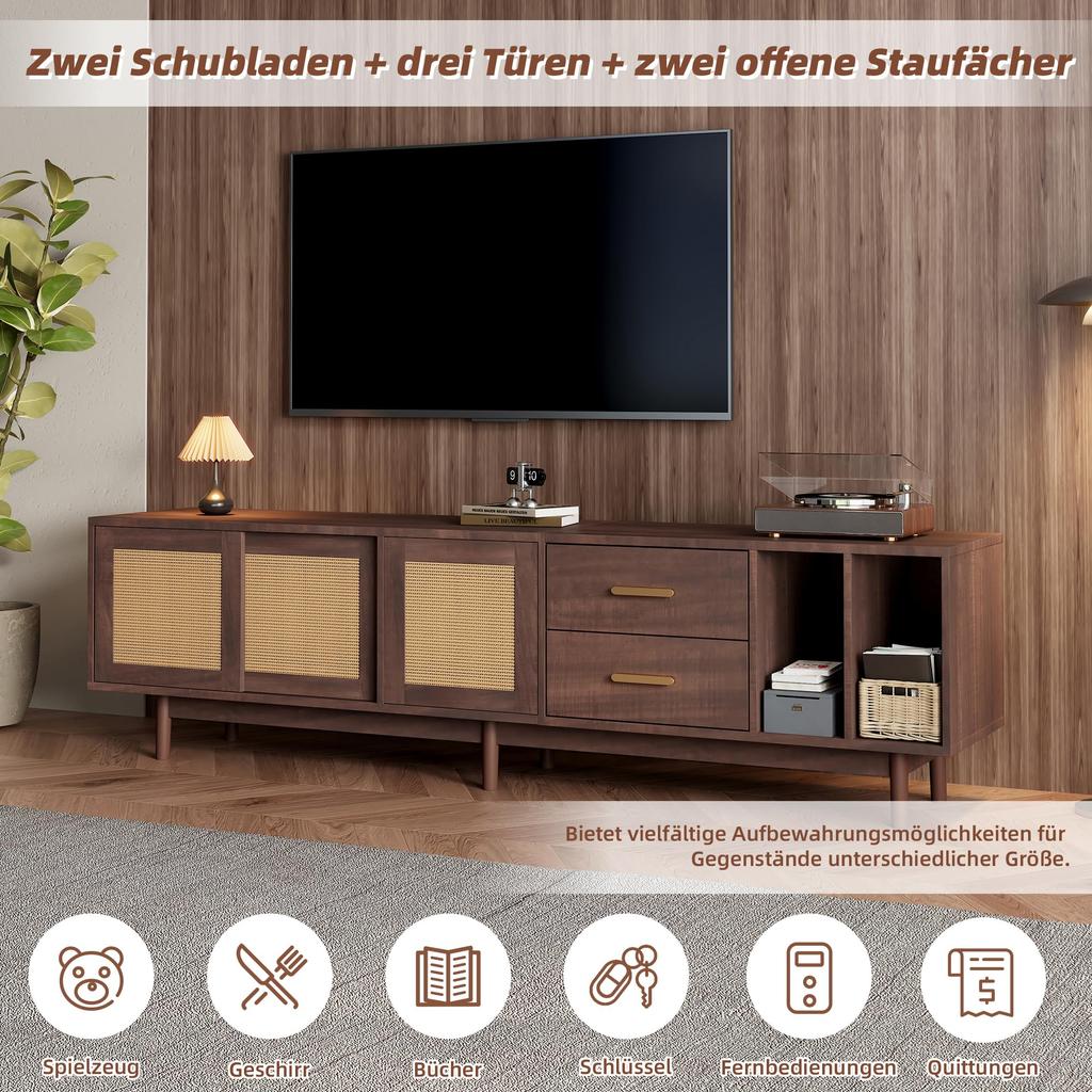 TV Ständer, Lowboard TV Board Schublade, Offene Staufächer, TV-Schrank Landhausstil Sideboard, Fernsehschrank Wohnzimmer Esszimmer, 190cm, Braun