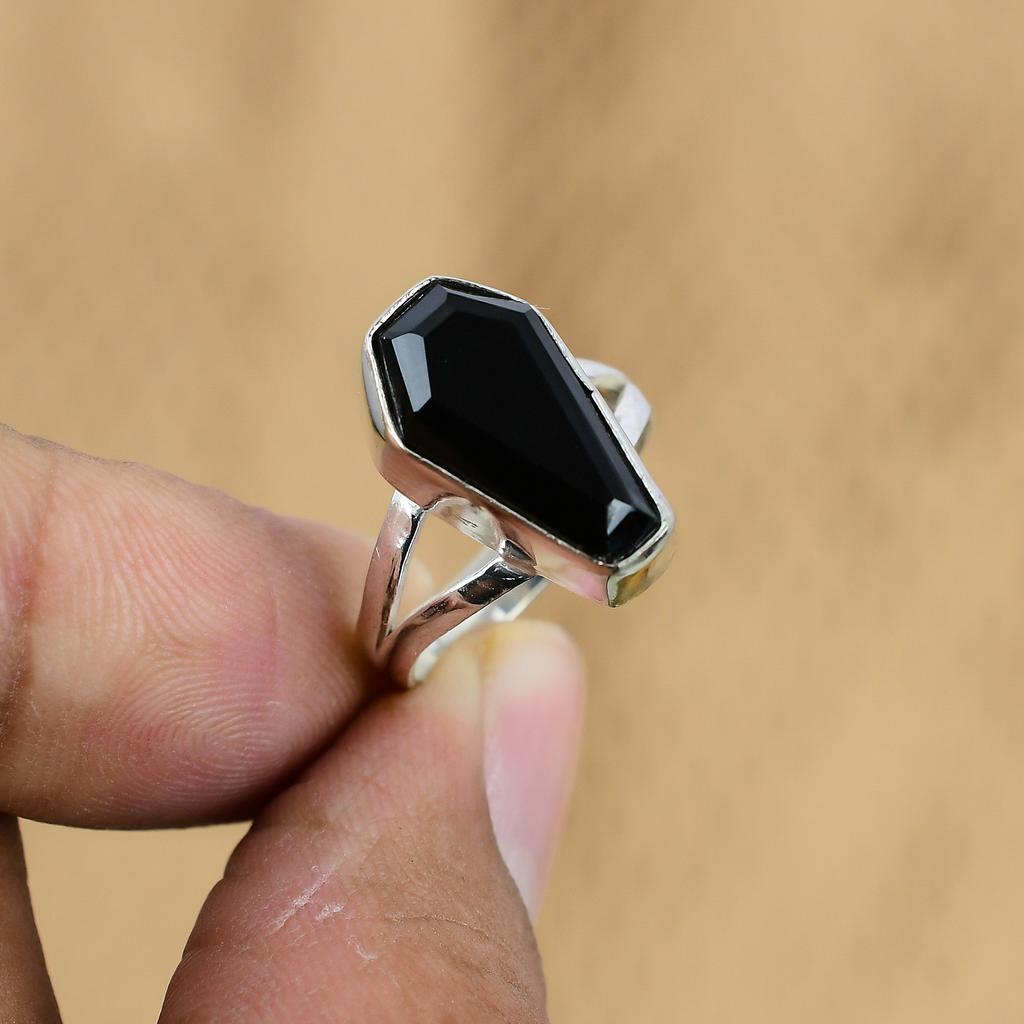 Womens Day Sale Sterling Silver Black Onyx Stone New Coffin Ring Jewelry US 7.75