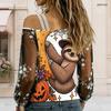 Women Plus Size Asymmetric Cold Shoulder Long Sleeve T Shirt Halloween Sloth Pumpkin Print Sheer Mesh Sleeve