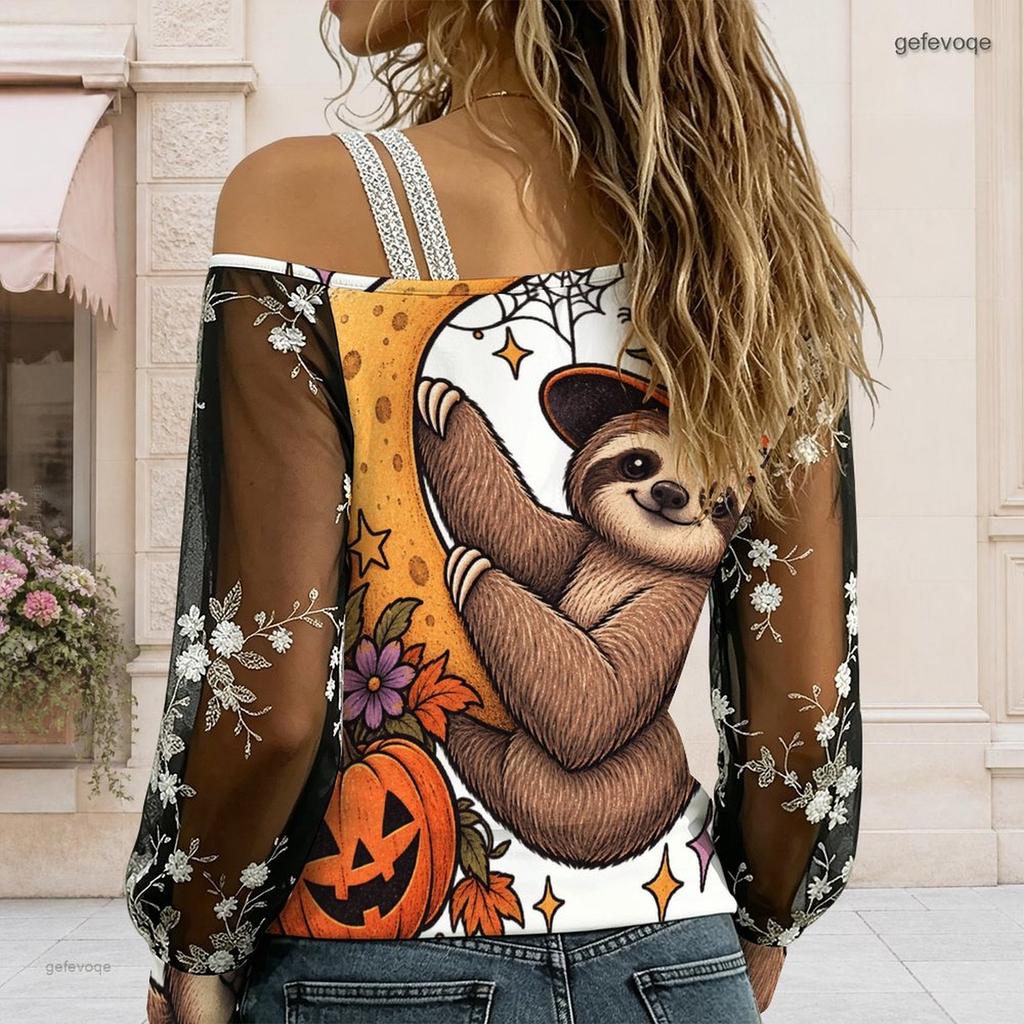Women Plus Size Asymmetric Cold Shoulder Long Sleeve T Shirt Halloween Sloth Pumpkin Print Sheer Mesh Sleeve