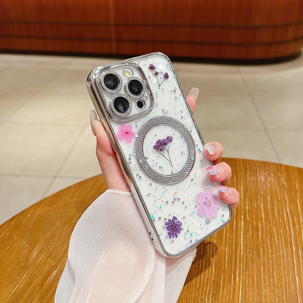 For iPhone 15 Pro Case Dried Flower Epoxy PC+TPU Magnetic Phone Back Cover