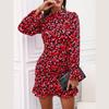 Women's Summer Elegant Printed Long Sleeve Standing Collar Ruffled Hip Dresses