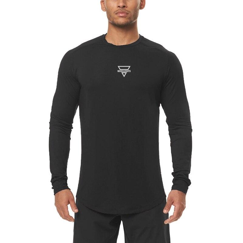 Muscleguys Мужская футболка с длинным рукавом весна/осень, однотонные футболки для фитнеса, облегающие компрессионные топы с круглым вырезом