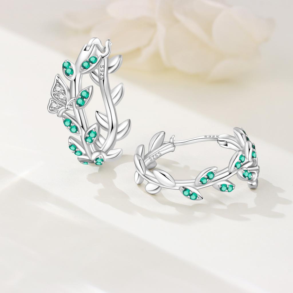 S925 Sterling Silver Green Flowers and Leaves Earrings Hoop Earrings Women Jewelry Original Trendy Anniversary Gifts