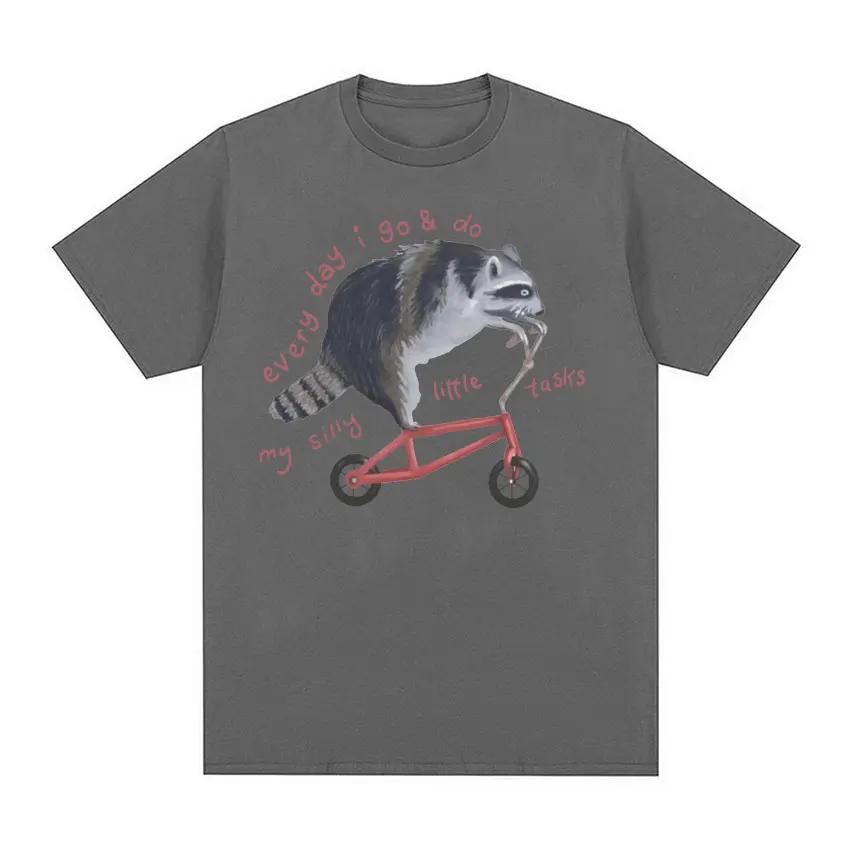 Funny Raccoon on Bicycle Meme T Shirts Men Women's Casual Vintage Cartoon T Shirt Summer Cotton Humor Short Sleeve T-shirts Tops