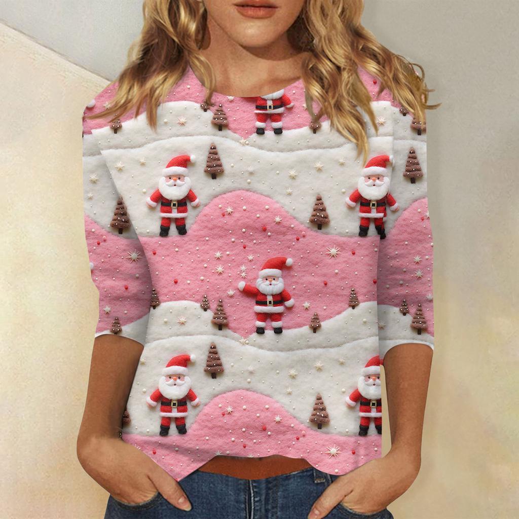 Женская модная повседневная футболка с рукавом три четверти и рождественским принтом, с круглым вырезом