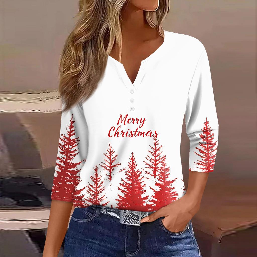 Женская футболка с рождественским принтом, на пуговицах, рукав 3/4, повседневная, выходного дня, модная, базовая, с V-образным вырезом, стандартный топ