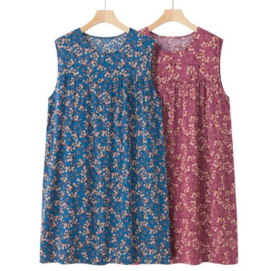 Женская свободная ночная рубашка без рукавов, повседневная сорочка, плиссированное платье для сна, летняя домашняя одежда с круглым вырезом и принтом