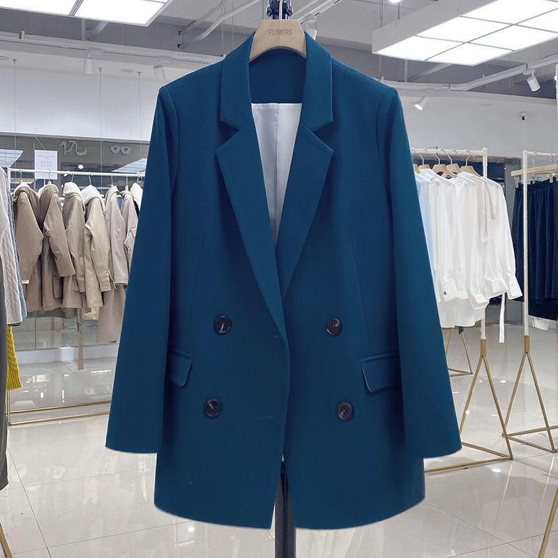 Свободные синие офисные женские блейзеры в гонконгском стиле, двубортный блейзер с зубцами, женская офисная одежда