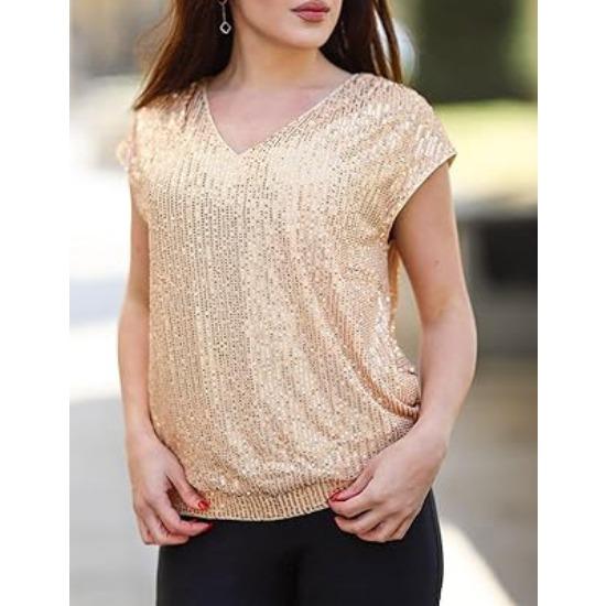 GMXIA Spring and Autumn Insert Rotator Sleeve Sequin Slim V-neck Solid Color Top T-shirt Woman