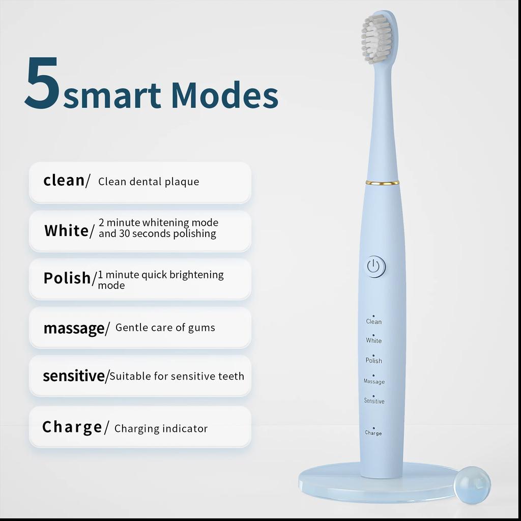 Электрическая зубная щетка для взрослых Мягкая и удобная 3D щетина DuPont 5 интеллектуальных режимов Портативная IPX7 Водонепроницаемая Интеллектуальная