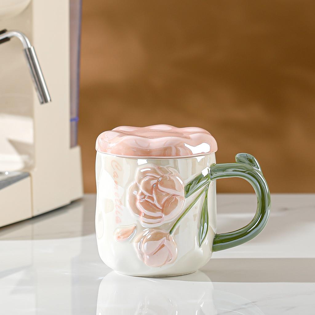 New Product Pearlescent Glazed Ceramic Cup with Lid Flower Mug High Value Household Set Water Cup Office Girls Cup
