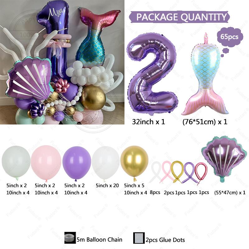 65PCS Underwater World Theme Mermaid Shell Purple Digital Aluminum Film Balloon Children's Birthday Baby Shower Decoration Ballo