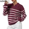 Winter Women Sweaters Lapel Striped Long Sleeve Pullovers Jumpers
