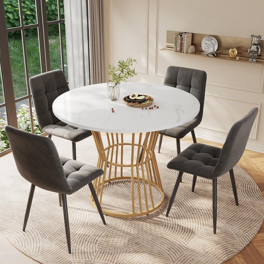 Dining table set (5-piece), round dining table with 100 cm diameter and golden metal legs, white MDF tabletop, dining chairs made of dark grey velvet