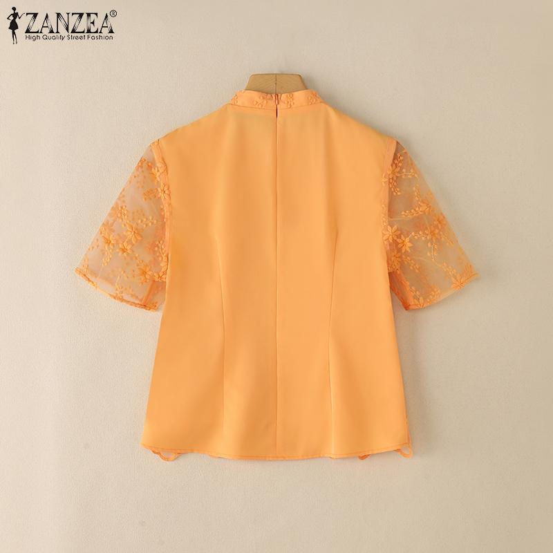 ZANZEA Женская повседневная блузка с воротником-стойкой и коротким рукавом, кружевная вышивка, пэчворк