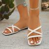 Flat  Women Sandals Summer New Ladies Square Toe Solid Color Cross Strap Fashionable Casual Women's Beach Sandals