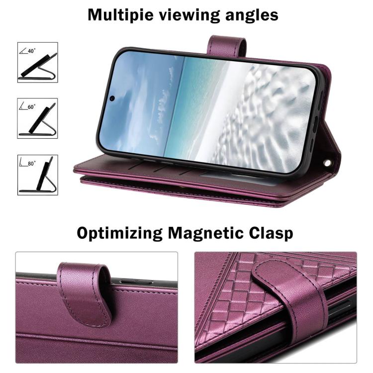 Embossed Secure Clasp 9-Card Slot Vegan Leather Phone Case with Wrist Strap
