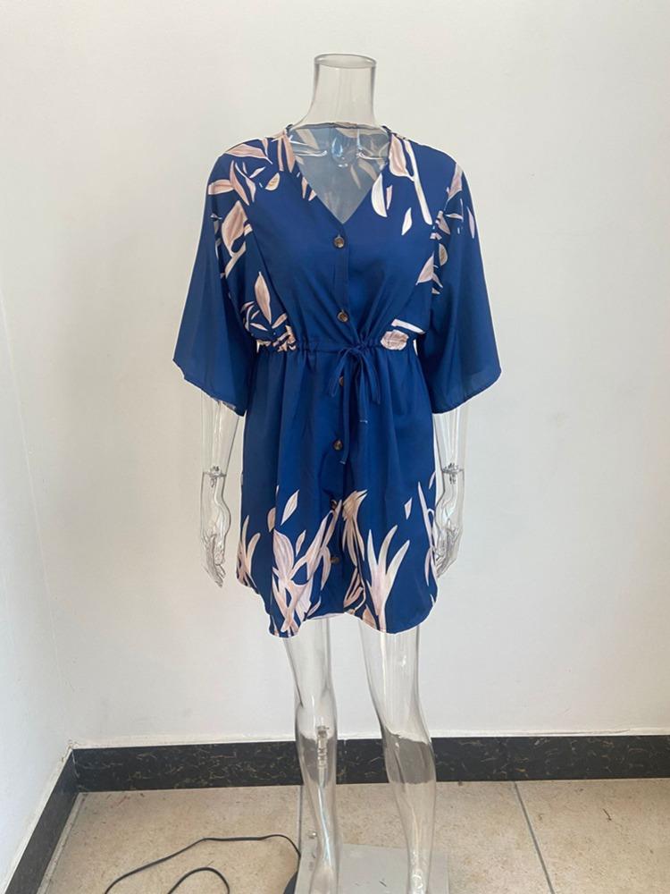 Летнее мини-платье женское с принтом, рукавами «летучая мышь», на шнуровке, с v-образным вырезом, свободные платья на пуговицах, женское пляжное вечернее платье