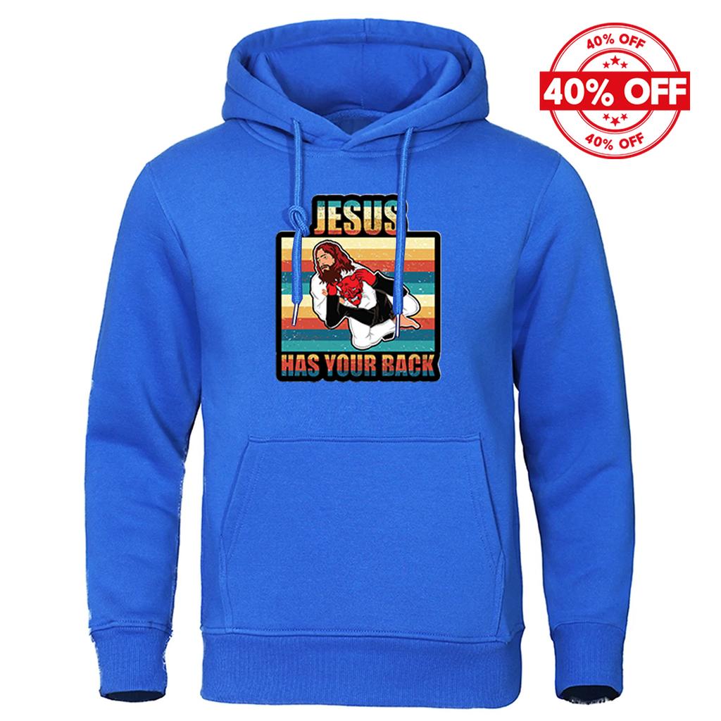 2025 Spring And Autumn Man's Solid Color Popular Coat Jesus Has Your Back Jiu Jitsu Retro Christian Logo Print Pullover Hoodies