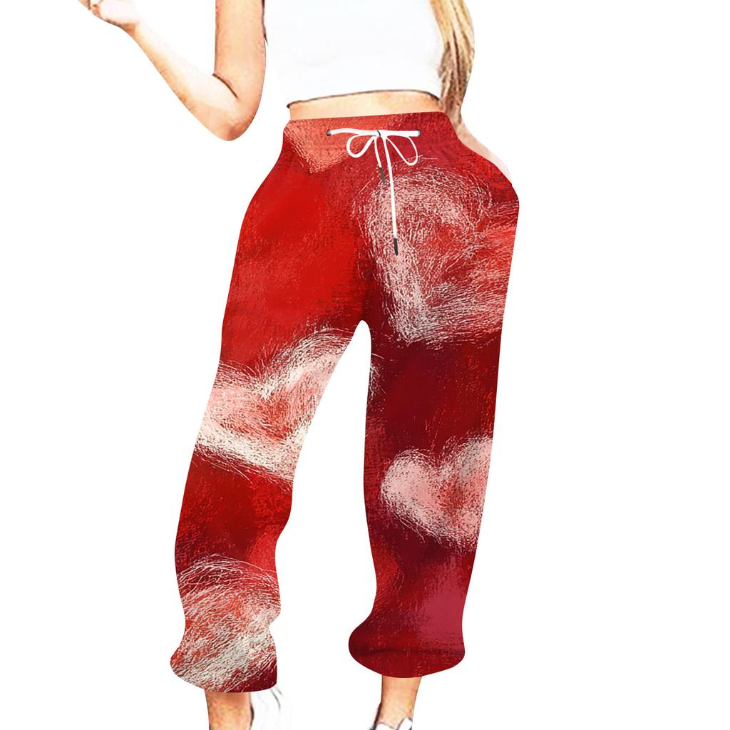 Женская повседневная мода День святого Валентина Повседневные брюки с принтом Спортивные брюки Брюки с эластичной резинкой на талии со шнурком Брюки со шнурком