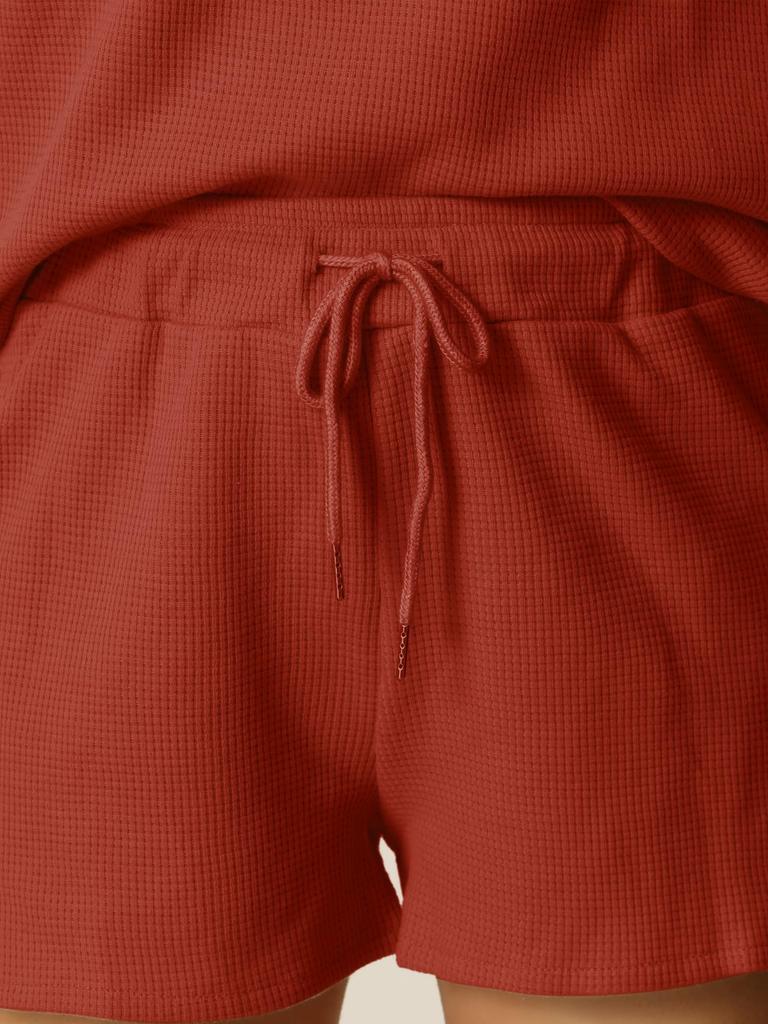 Короткий пуловер для отдыха с S [cheibear] Ночная одежда, Однотонный, Комплект, Рукава, Шорты, Бегун, Лето, Спортивный костюм, Женский, Красный,