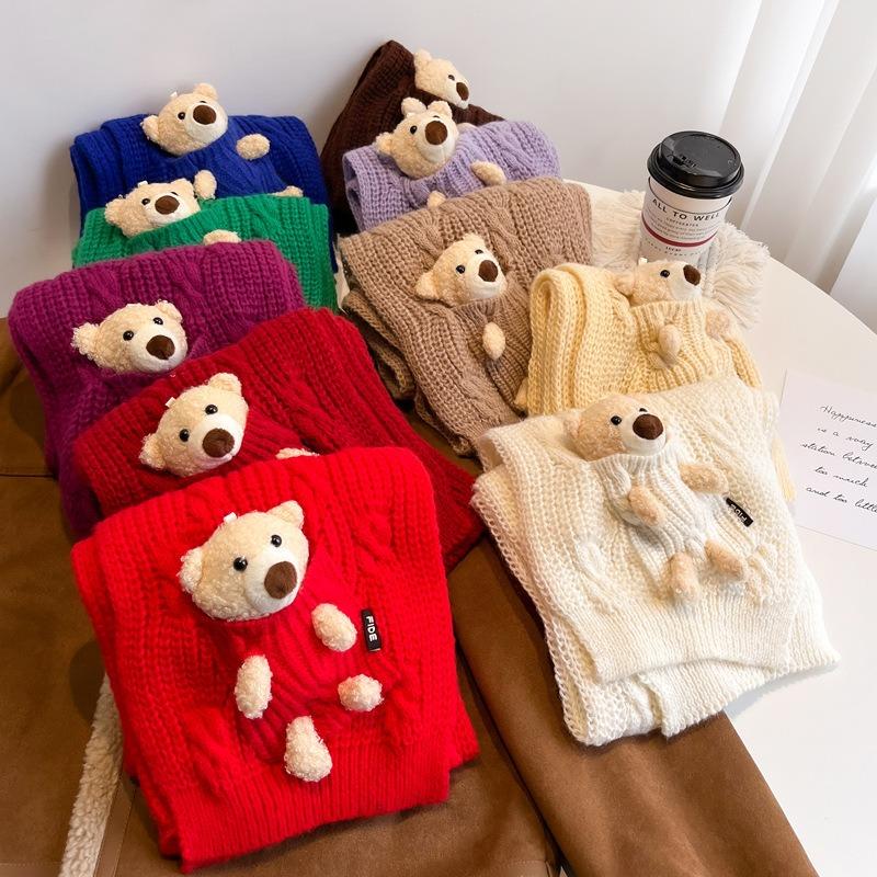 New Cute Bear Short Knitted Handmade Scarf Female Winter Student Wool Couple Scarf