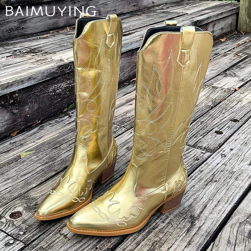 Вышитые массивные женские высокие сапоги с острым носком, дизайнерские туфли на среднем каблуке 2025 года, зимние туфли-лодочки до колена, челси, Botas De Mujer