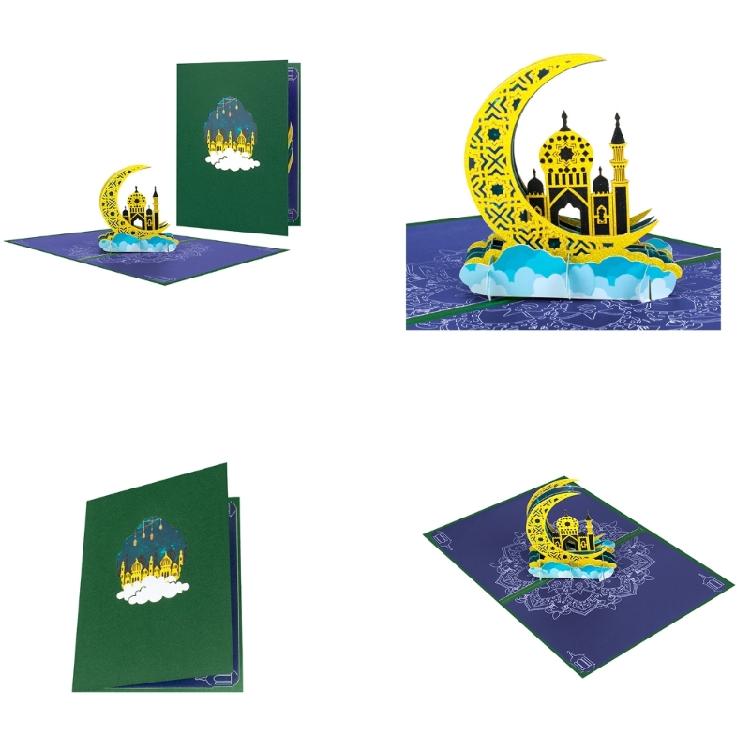 1 Set Foldable Eid Moon Charm Greeting Card with Envelope Small Card Exquisite Folding Thank You Card Message Writable