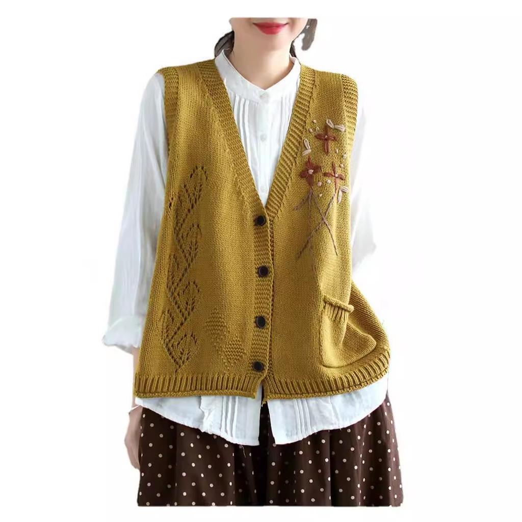 Корейская мода ручной вязки свитер с цветочным карманом весна-лето женский жилет вязаный безрукавный топ винтажный жилет