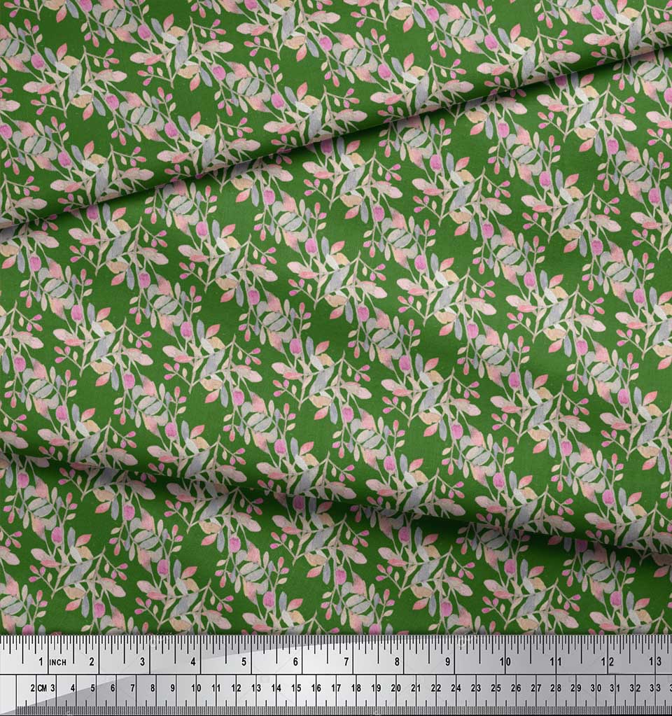 Soimoi Green Poly Crepe Fabric Buds & Leaves Print Fabric by metre 42 Inch