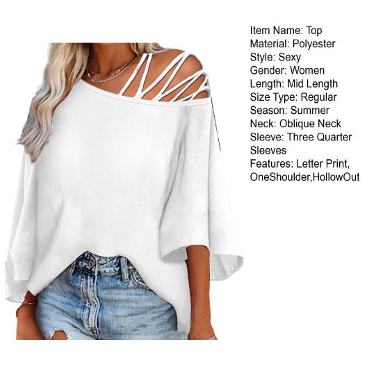 Женский топ с вырезом на одно плечо, косая шея, сплошной цвет, с буквенным принтом, свободные рукава три четверти, мягкая дышащая женская футболка средней длины