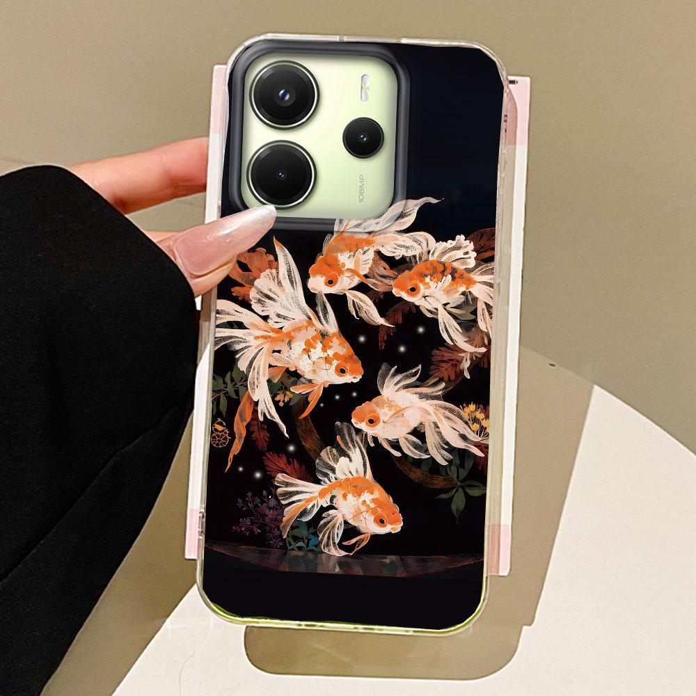 Чехол для телефона Koi Goldfish Sparkle Black Glossy для Xiaomi Redmi Note 14 13 12 11 11S 10 9 8 Pro 9C 13C 14C A5 A3 A4 A3X A1
