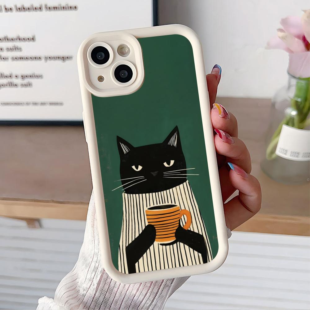 Cute Coffee Cat Thicken TPU Mobile Phone Case for iPhone 17 16 15 14 13 12 11 Air Pro Max Plus Colorful Cover