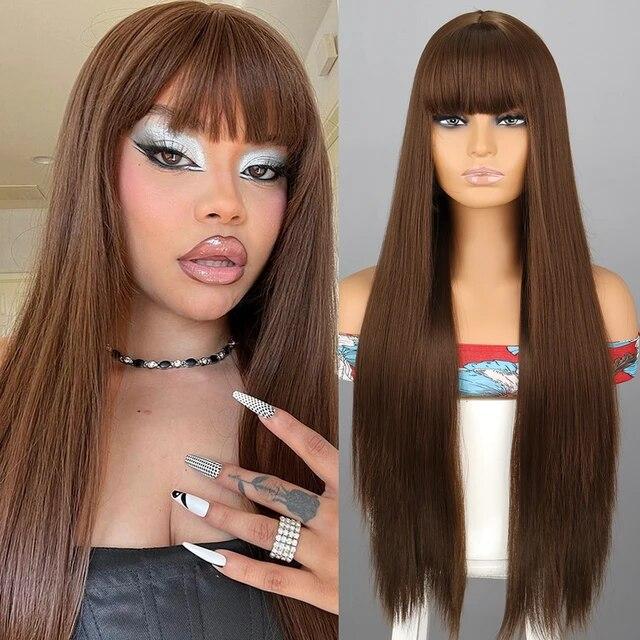 Оранжевые синтетические парики Длинные прямые парики с челкой для женщин Розовый Красный Косплей Вечерние Ежедневное использование Натуральные волосы