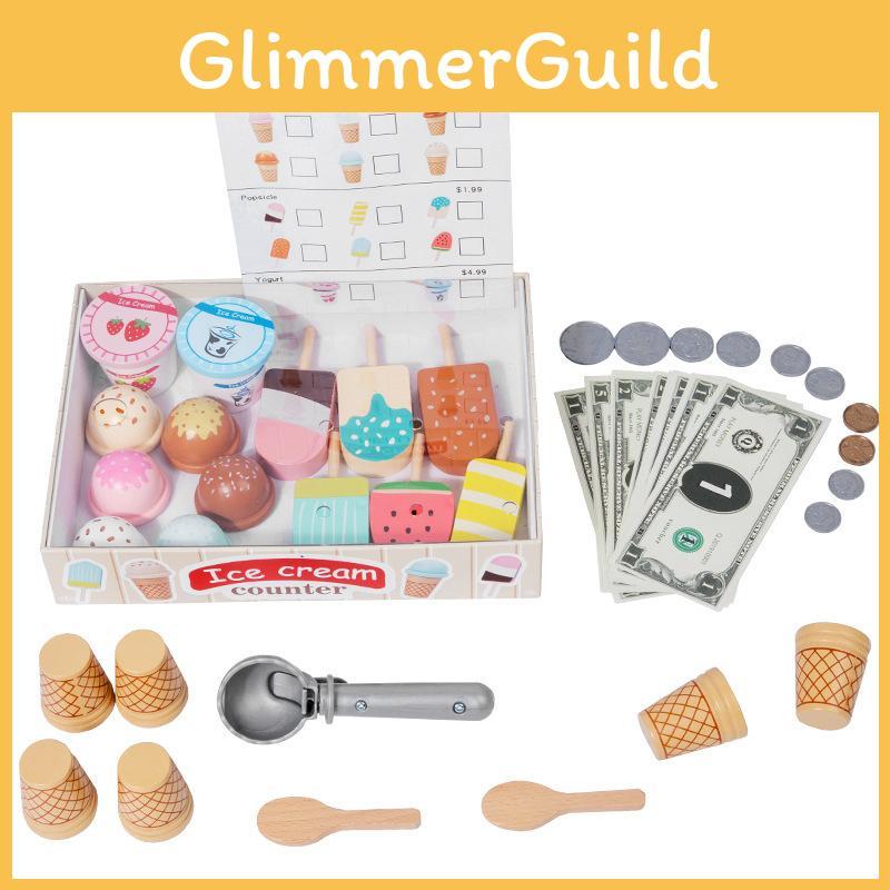 Деревянная витрина для мороженого с кассовым аппаратом и фруктовыми аксессуарами. Игровое время для